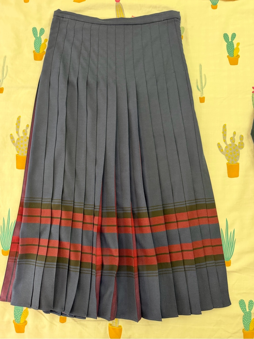 Brooks Brothers Grey Pleated Midi Skirt with Red and Olive Stripes
